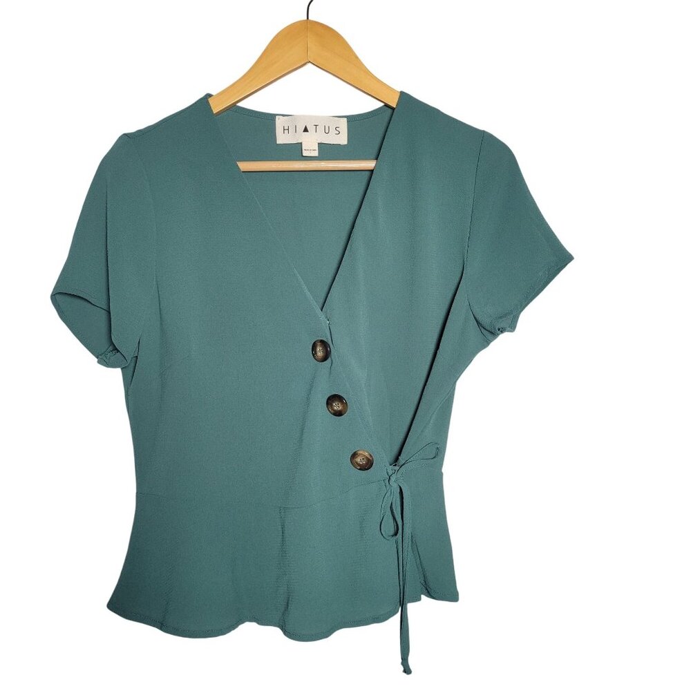 Hiatus Teal Wrap Front Blouse with Faux Buttons Size L
